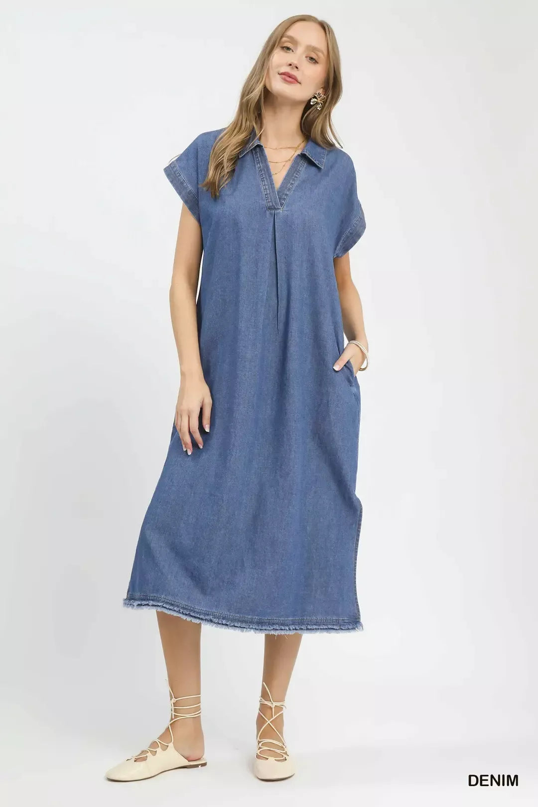 umgee denim dress Mini Denim / S Size Conversion Size Bust S 34 Umgee Chambray Ruffled Denim Dress